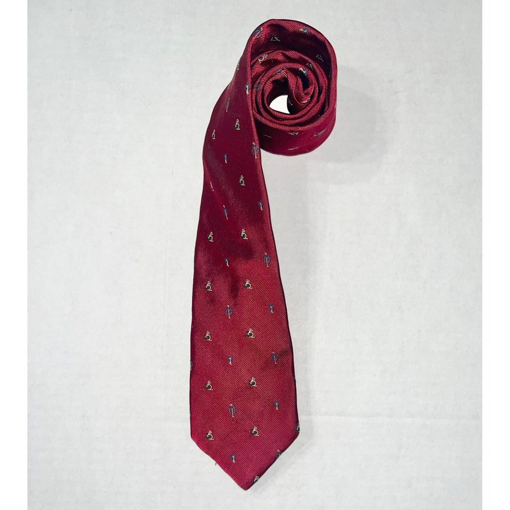 E. Sims Ltd. Vintage Necktie Mens OS Burgundy Red Golf Motif Silk 80s R tro